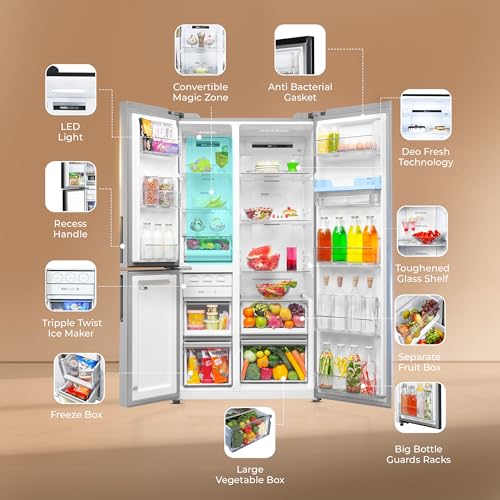 Image of Haier 598 L 3 Star Frost Free Expert Inverter Smart Sense AI enabled 3-Door Side by Side Refrigerator (HRT-683GOGU1, Grey Onyx Glass, Magic Convertible Zone, Premium Vogue Glass, 2026 Model)