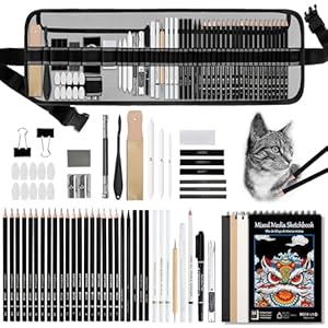KIMIGO Juego de 60 lápices de dibujo, lápices de bocetos, Set Dibujo Profesional del Artista, suministros de arte con libro de bocetos de 3 colores, grafito, pastel, carboncillo,piezas de dibujo