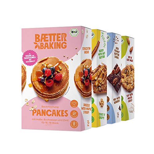 Baetter Baking 4er-Probierpaket Backmischungen (1x Pancakes, 1x Banana Bread, 1x Brownies, 1x Hafer Cookies), vegan, glutenfrei & mit Kokosblütenzucker Cover