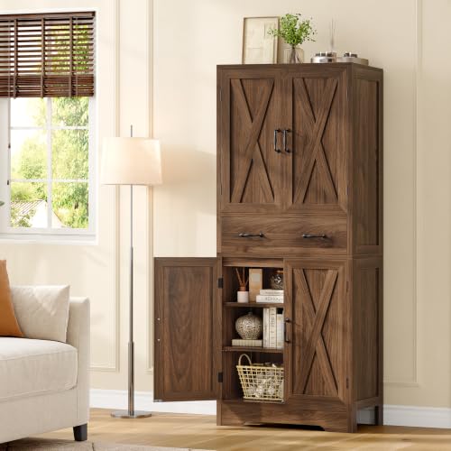 Image of TEENFON Tall Storage Cabinet with 2 Adjustable Shelves & 1 Large Drawer, Kitchen Pantry Cabinet with 4 Doors, Bathroom Storage Cabinets, for Living Room, Kitchen, Bathroom, Walnut