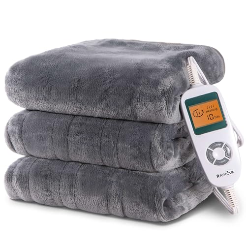 RAINOVA Heated Blanket, Electric Blanket-50''x60'', Soft Flannel Heating Blanket, 10-Level Heating, 10-Hour Auto-Off, Gifts for Parents and Elders, Gray, ETL & FCC Certified