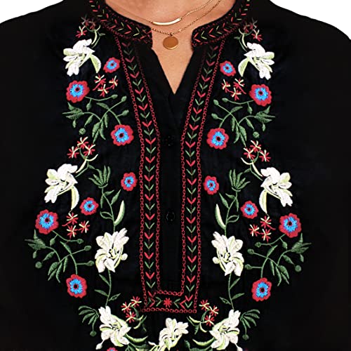 Ak Embroidered Tops For Women 3/4 Sleeve Bohemian Mexican Floral Peasant Shirts Loose Tunic Blouses (S, 325-Black) #TOP2