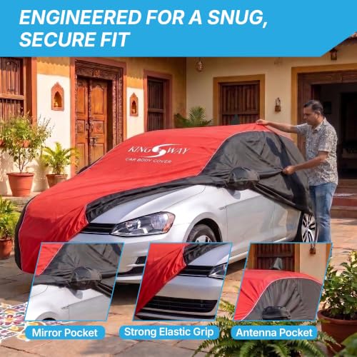 Image of KINGSWAY Super Waterproof Car Cover Only with Hyundai Grand I10 (Year 2013 to 2017 - All Model) | Mirror and Antenna Pockets | All Weather Car Body Cover with Silver Piping | Black Red
