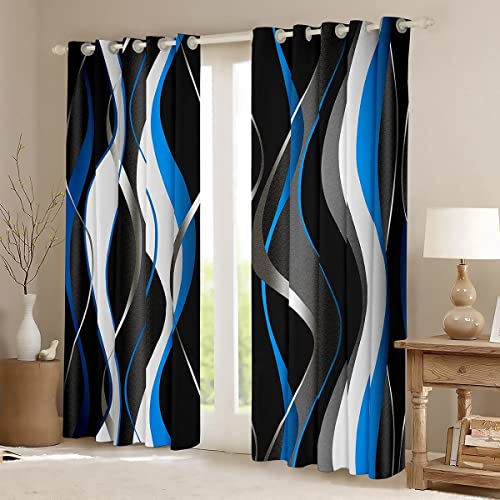 Loussiesd Blue Black Curtains Geometric Spiral Pattern Window Drapes for Kids Boys Girls Modern Abstract Blackout Curtain Grey White Window Treatments W52*L90 - Image 2