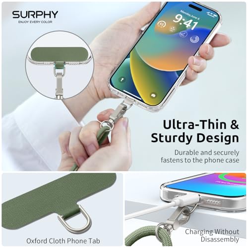 Image of SURPHY Phone Lanyard Crossbody, Phone Strap Crossbody with 2 Tether Tabs | Adjustable Cell Phone Lanyard, Anti Theft Phone Strap, Premium Metal Buckles, Universal Lanyard for Travel, Army Green