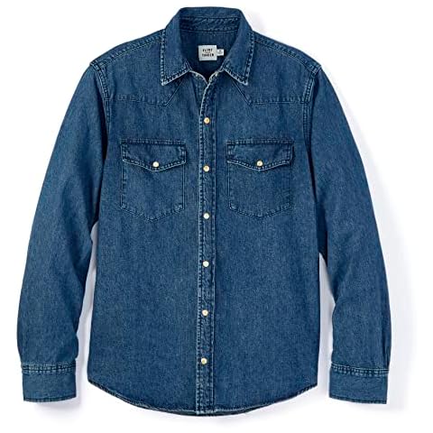 Flint and Tinder Men's Bone Button Western Shirt, Long Sleeve Denim Button-Up with Snap Buttons, Stonewash Denim, XL Cover