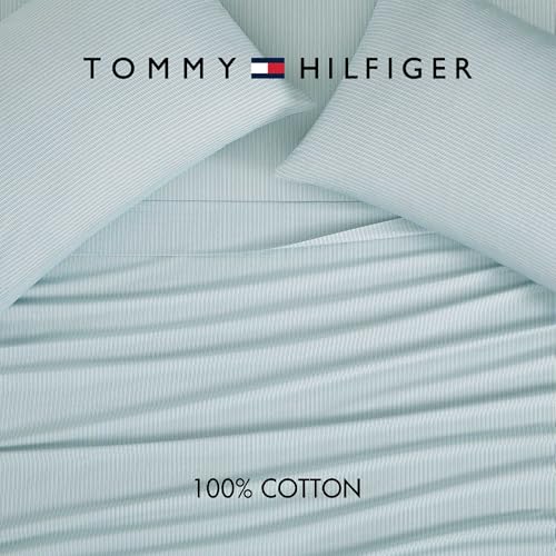 Image of Tommy Hilfiger - King Size Sheet Set, Crisp & Tailored Sheets with a Smooth Cotton Percale Lightweight Feel - Bed Sheets with Matching Pillowcases & Fitted Sheet (Highland Ticking Stripe Green)