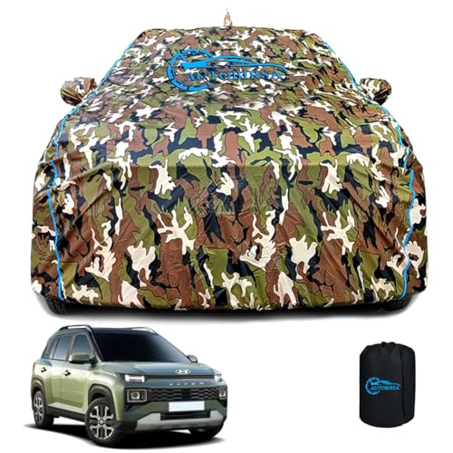 Image of Waterproof Car Body Cover Compatible with Hyundai Exter Sx Amt Mirror Pocket and Antenna Pocket, Triple Stitched (Jungle Print with Blue Piping Design)