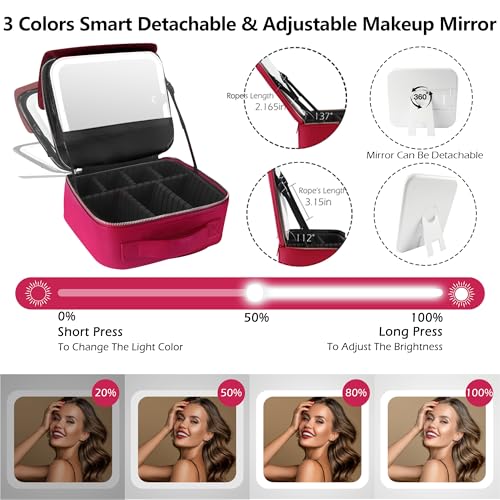 Image of MOMIRA Travel Makeup Bag Cosmetic Bag Makeup Organizer Bag with Lighted Mirror, Adjustable Brightness in 3 Color Scenarios, Waterproof Makeup Train Case, Gift for Women - Rose Red(Woven)