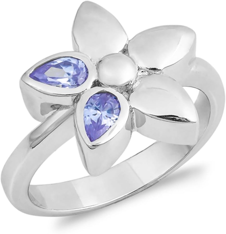 Simulated Lavender Teardrop Bezel Flower Ring New .925 Sterling Silver Band Sizes 5-9
