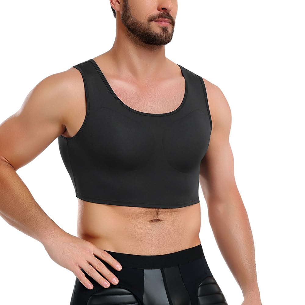 Bslingerie Camicia da uomo imbottita a compressione muscolare con finto potenziatore di petto e spalle, intimo invernale a maniche lunghe, nero, taglie S-XXL