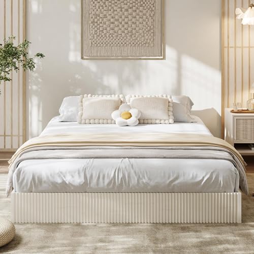 Image of GarveeHome King Size Bed Frame, Wood Platform Bed, Fluted Bed Frame, Minimalist Bed Base with Low Profile Design, Noise-Free, Easy Assembly, No Box Spring Needed, Cream White