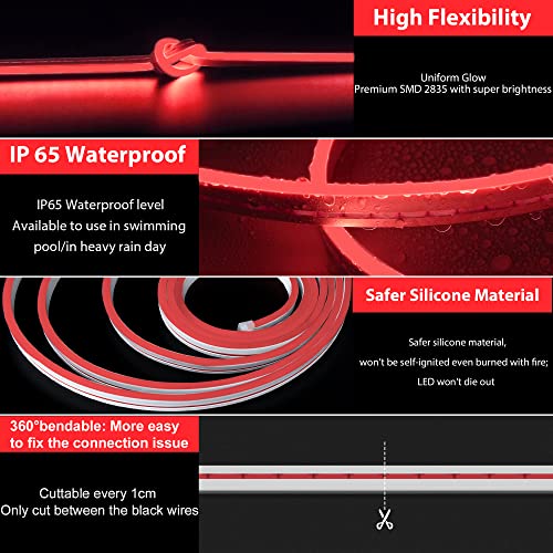 Image of Lamomo LED Neon Lights, 16.4ft Red LED Strip Light, 12V 0.39in /Cut Silicone Waterproof Neon Rope Light, DIY Neon Sign for Bedroom Indoor Outdoor Decoration(Power Adapter not Included)