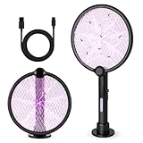 AOOWU Elektrische Fliegenklatsche Faltbar, Extra Stark Elektrische Fliegenfänger mit USB C Ladebasis, UV Insektenvernichter Elektrisch Mückenklatsche, Mücken Insektenfalle Innen & Außen