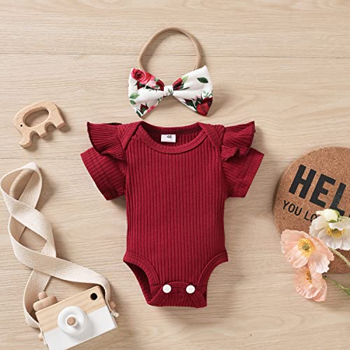 Aalizzwell Preemie Baby Girls Clothes Ribbed Short Sleeve Bodysuit Floral Bloomer Shorts Summer Outfits Premature Wine Red #TOP3