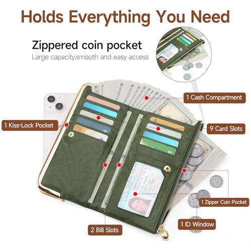 Image of GOIACII Womens Wallet Kiss Lock Bifold Leather Wallets for Women Green | Vintage Wallet for Women,Ladies Clutch Purse,Women's Card Holder Wallet with Zipper