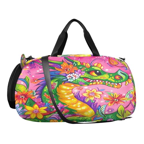 Gym Travel Duffle Bag for Boys Girls Colorful Dragon Sports Dance Bag with Shoe Compartment & Wet Pocket Football Kids Travel Bag Teens Sleepover Carry2