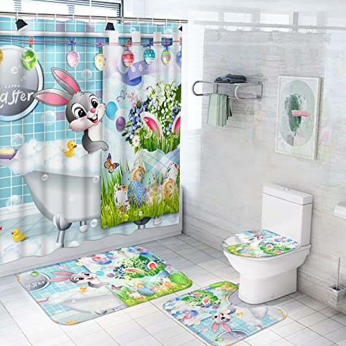 Claswcalor 4 Pcs Easter Bunny Shower Curtain Set with Non-Slip Rug, Toilet Lid Cover and Bath Mat, Cute Kids Rabbit Shower Curtain with Hooks, Funny Spring Easter Egg Shower Curtains for Bathroom Claswcalor 4 Pcs Easter Bunny Shower Curtain Set with Non-Slip Rug, Toilet Lid Cover and Bath Mat, Cute Kids Rabbit Shower Curtain with Hooks, Funny Spring Easter Egg Shower Curtains for Bathroom