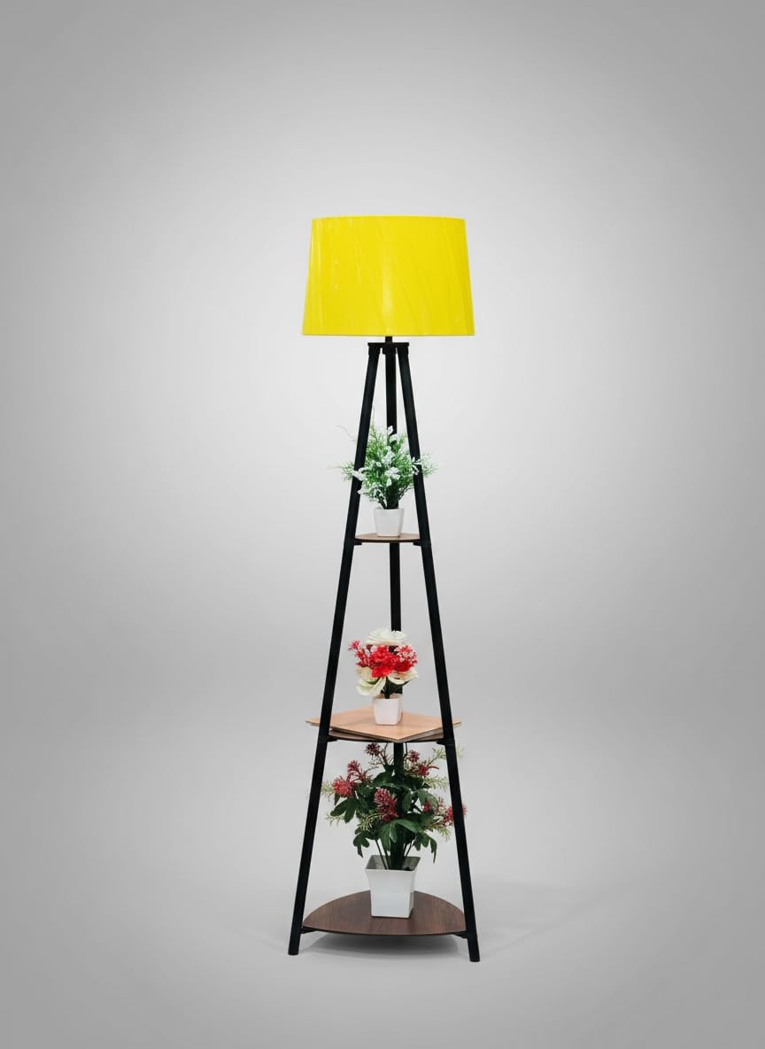 Modern Floor Lamp with 3 Storage Shelves for Living Room Bedroom Office | Decorative Metal Standing Light with Soft Jute Shade | Multi-Purpose Organizer Lamps (Yellow)-image-7