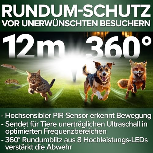 GRUNDIG perfekte Ultraschall Abwehr gegen Katzen und Hunde im Garten - 360 Grad Katzenschreck Hundeschreck Bewegungsmelder mit 8 Blitzlichtern, 2 Frequenzbändern, Solar, Akku, IP44 wasserdicht (Grün)