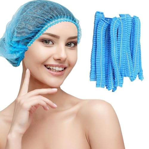 Image of Amazon Brand - QWENOX Disposable Bouffant Caps Hair Net Cap 100 Pcs Elastic Mob Caps for Food Service, Medical Use, Sleeping Head Cover, Factory Warehouse Worker, Beauty (Blue)