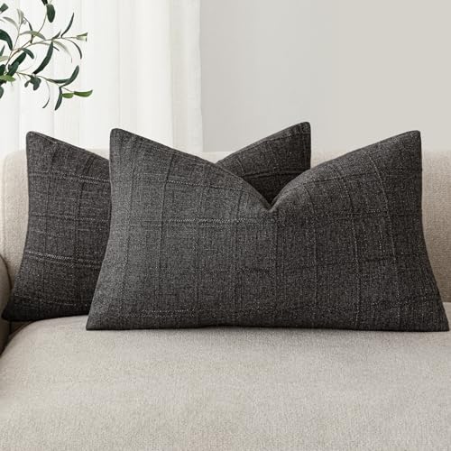 Image of Foindtower Set of 2 Decorative Linen Check Throw Pillow Covers Neutral Farmhouse Lumbar Cushion Covers Modern Boho Home Decor for Sofa Chair Couch Bedroom Living Room,12x20 Inch,Charcoal