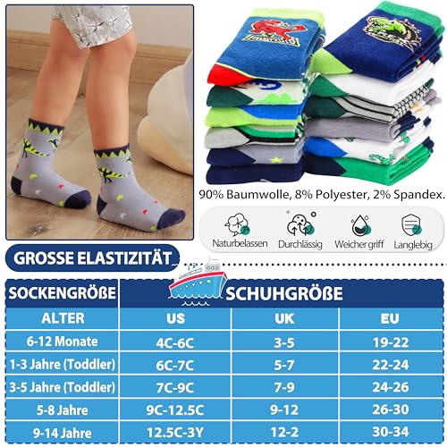 Welwoos Stoppersocken Kinder Baby Jungen Antirutschsocken Kinder Anti Rutsch Rutschfeste Lustige Geschenk Baumwolle Socken Kinder Jungen 12 Paare(Dinosaurier,26-30)