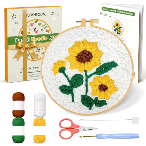 Image of CYANFOUR Punch Needle Kit for Beginners, Sunflower Punch Needle Kits Adults, Craft Kits for Adults with 2 Pre-Printed Fabrics, Embroidery Hoop, Threads, DIY Gift and Home Decor 20 * 20cm