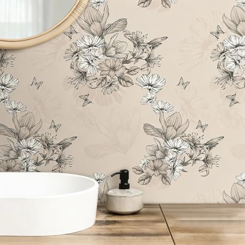 Decotalk Floral Wallpaper Beige Wallpaper Flower Wall Paper Floral Peel and Stick Vintage Flower Contact Paper 17.5