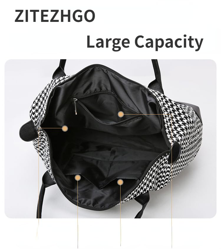 Houndstooth Travel Duffle Bag Gym Bag for Women Weekender Overnight Duffel Bag Tote Bag (Black) 5