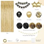 Birthday Decorations for Men Women, Gold and Black Party Decorations, Happy Birthday Banner with Black Gold Balloons Pom Poms Confetti Foil Fringe Curtains, Men Golden Party Decorations - Image 2