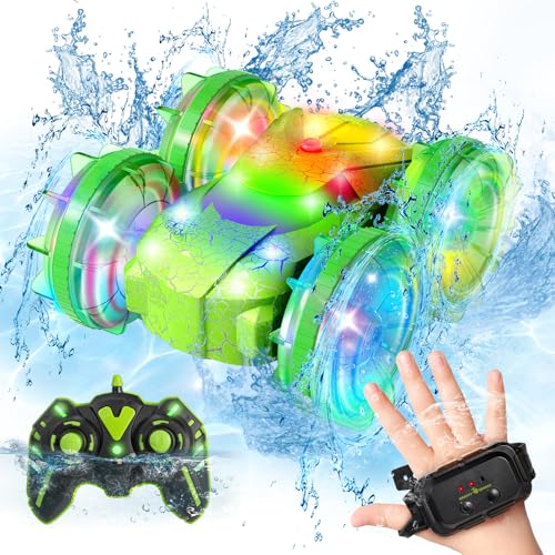 Coche Teledirigido para Niños Anfibio, barcos de control remoto de 2,4 GHz impermeables, 4WD 360 ° Roating All Terrain Stunt Juguete para niños de 8 9 10 11 12 años,Navidad, 360° Giratorio 180° Flip