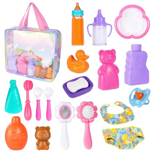 Aolso Conjunto de Accesorios para Muñeca de Juguete, 20PCS, Juego de rol para Niños Incluye Alimentar, Bañar, Arreglar, Cargar Bolsas
