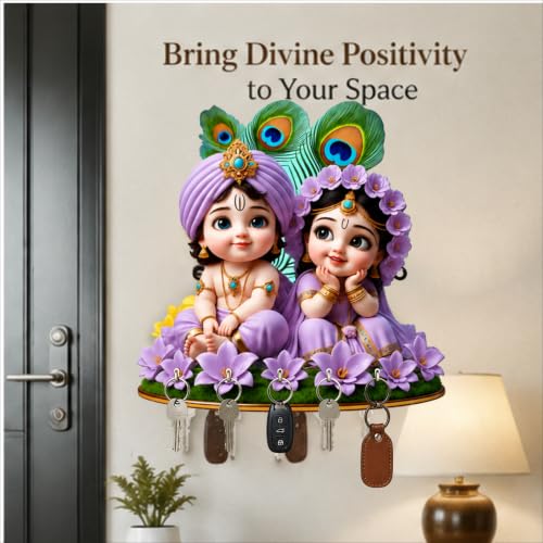 Image of Radha Krishna Wall Key Holder with 5 Hooks (Purple)