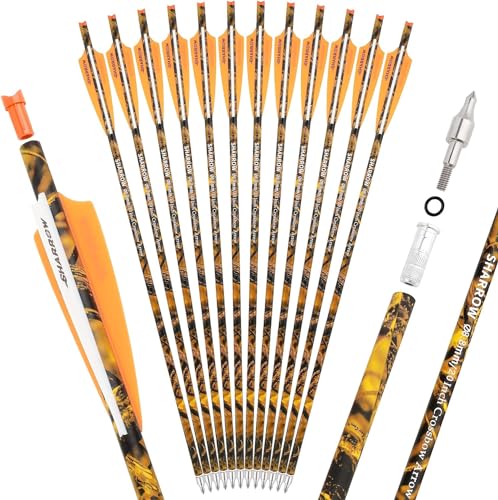 AMEYXGS Crossbow Bolts - 12 Pack of 16/17/18/20/22 Inch Camo Carbon Shaft Arrows with Replaceable Tips and Shield Rubber Feathers (Orange, 20 inch)