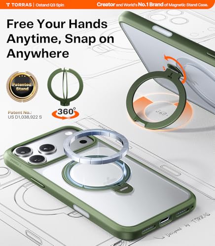 Image of TORRAS Q3 Spin for iPhone 17 Pro Case, 360 Magnetic Stand, Alpine Green | Compatible with MagSafe, Built-in Kickstand, Camera Control, 4X Military-Grade Shockproof Translucent Phone Case for 17 Pro