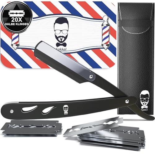 Rasiermesser Barber set 20 Halbe Klingen Etui Leder Reise SAKKAL |Rasierer Friseur Herren Handbart Barber Professional Kit Classic Handpflege Precision Friseurmechanik bartschablonen Schwarz