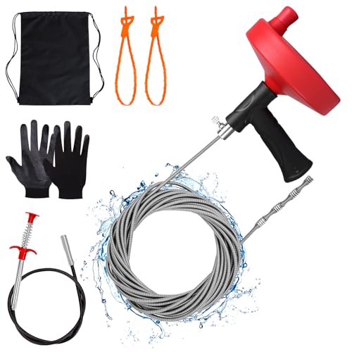 Ginbel Direct Drain Auger 33 ft, Plumbing Snake Hair Clog Remover Drain Snake Flexible Grabber Heavy Duty Sink Cleaner Tools for Shower Bathtub Bathroom Kitchen Pipe, Red