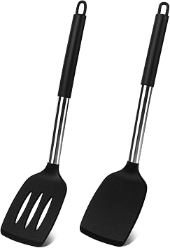 Vicloon Silicone Spatula, 2 Pcs Silicone Solid Turner, Non Stick Slotted Spatula Set, High Heat Resistant BPA Free Cooking Utensils, Black Silicone Spatula for Fish, Egg, Pancake - Silicone