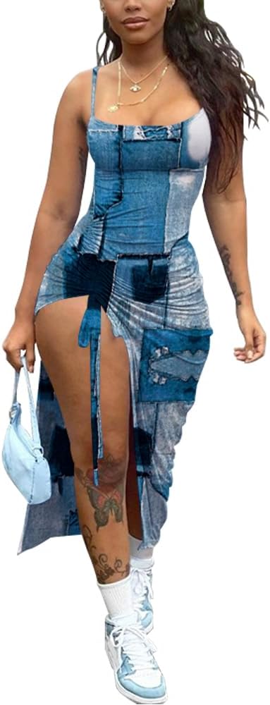 Nimsruc Womens Sexy Summer Dresses Spaghetti Strap Thigh-high Slit Ruched Bodycon Maxi Club Cocktail Party Dress