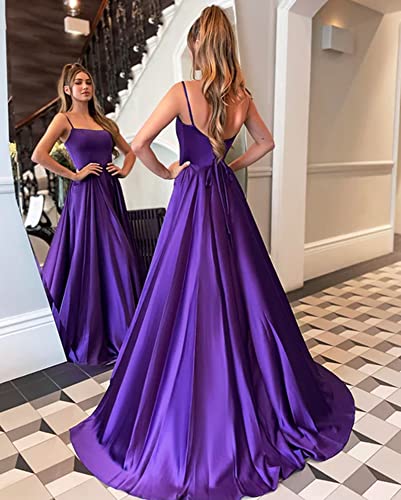 Spaghetti Straps Prom Dresses for Women Flowy Silk Satin Long Backless Pleated Formal Gown Evening Party3