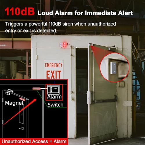 Exit Stopper Door Alarm with 110dB Siren, Emergency Exit Security Device, Easy Installation, Battery Powered, Magnetic Sensor for Unauthorized Entry Prevention, Home, Warehouse, Office, Retail Use
