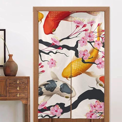 のれん 恋 鯉 魚 桜 部屋仕切り カーテン 壁掛け 暖簾 目隠し ロング 間仕切り 暖簾 断熱 遮光 冷気遮断 和風 北欧 高級 飲食店 季兼用 台所 店頭 新築祝い トイレ バス 喫茶店 居酒屋 飾り付け 洗濯可 飾り付け 装飾暖簾-幅86cm×丈14