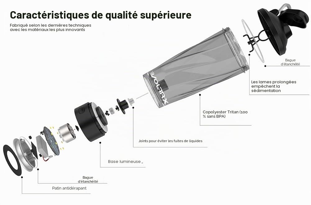 VOLTRX électrique Protéine Shaker, portable Vortex mélangeur, shaker tasse rechargeable par USB pour boissons protéinées, fabriqué avec Tritan, sans BPA, 600 ml