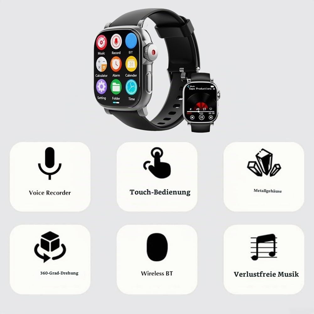 MP3 Player Sportuhr mit 2 01 Zoll HD Touchscreen AVI Video Wiedergabe Metallgehäuse tragbarem externen Lautsprecher und TF-Kartenfach bis zu 128G für Training Reisen und Alltag(Black Gray 64GB)