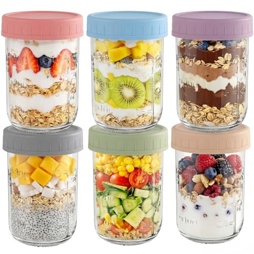 Aevcvok Pack de 6 Overnight Oats Jar 470ml Tarros de Cristal con Tapa Hermética para Avena Nocturna, Botes de Cristal para Meal Prep,Frascos de Vidrio con Tapa, Vasos Cristal para Yogur,Avena,Ensalada