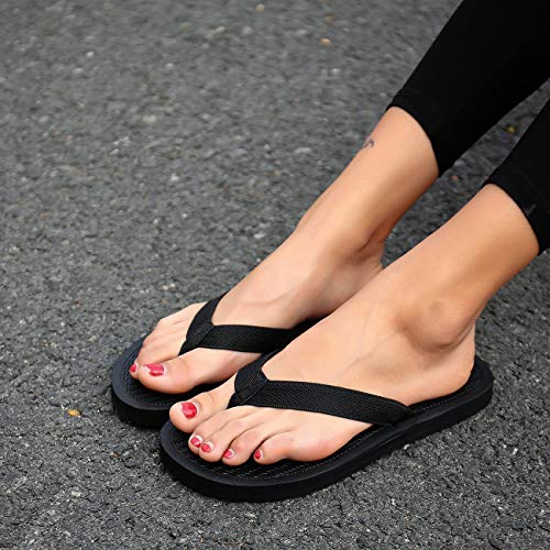 Megnya Ladies Water Flip Flops With Fabric Straps, Casual Yoga Mat Foam Sandals For Walking, Comfort Thong Flat Slippers For Shower Beach Pool Black Size 11 #TOP5