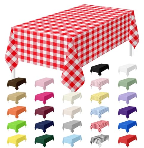 HEIPINIUYE 2 Pack Red Gingham Tablecloth Disposable 54 x 108 Inch Red and White Plaid Plastic Table Cloth Disposable Rectangle Table Cover for Party Birthday Picnic Checkered Tablecloths