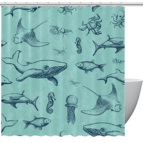 Rideau de douche baleine 168x183 cm vert océan avec ses 12 crochets - 2