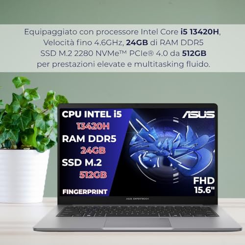 Image of ASUS EXPERTBOOK P1 i5 13420H Laptop, 24 DDR5 RAM, 512GB PCIex 4.0 SSD, 15.6 inch FHD Display, Fingerprint Laptop